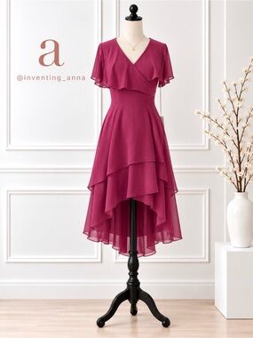 JJ’s House Burgundy High-Low Chiffon Dress Flutter Sleeve Layered Hem